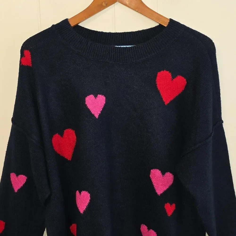 CeCe Heart Pattern Sweater Navy Pink Red Soft Crew Neck Sweater Women S Like New